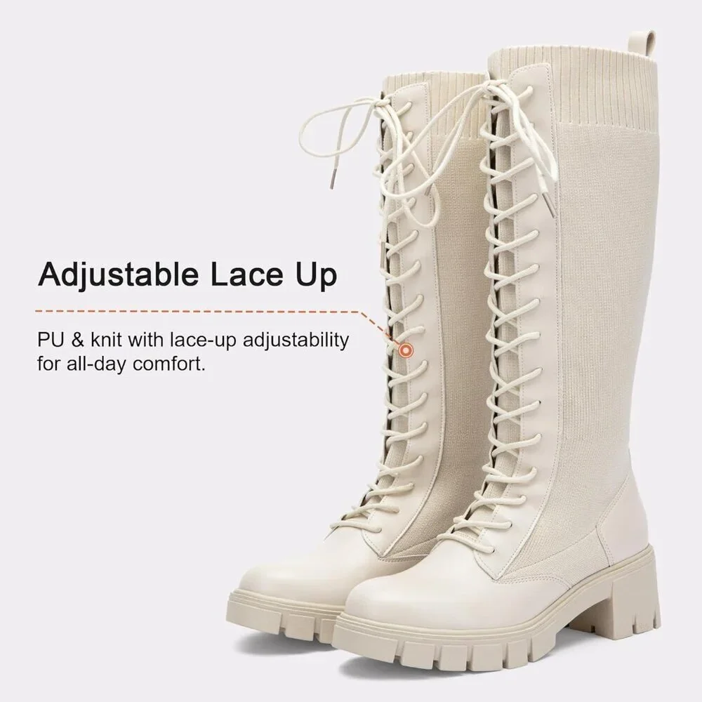 Women's Beige 953 Chunky Platform Heel Lace Gothic Knee High Combat Boots